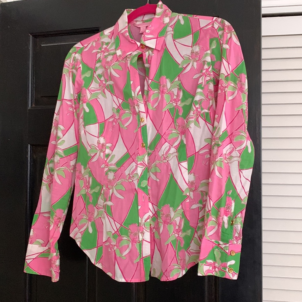 Lilly Pulitzer pink and green button down shirt 100% cotton
